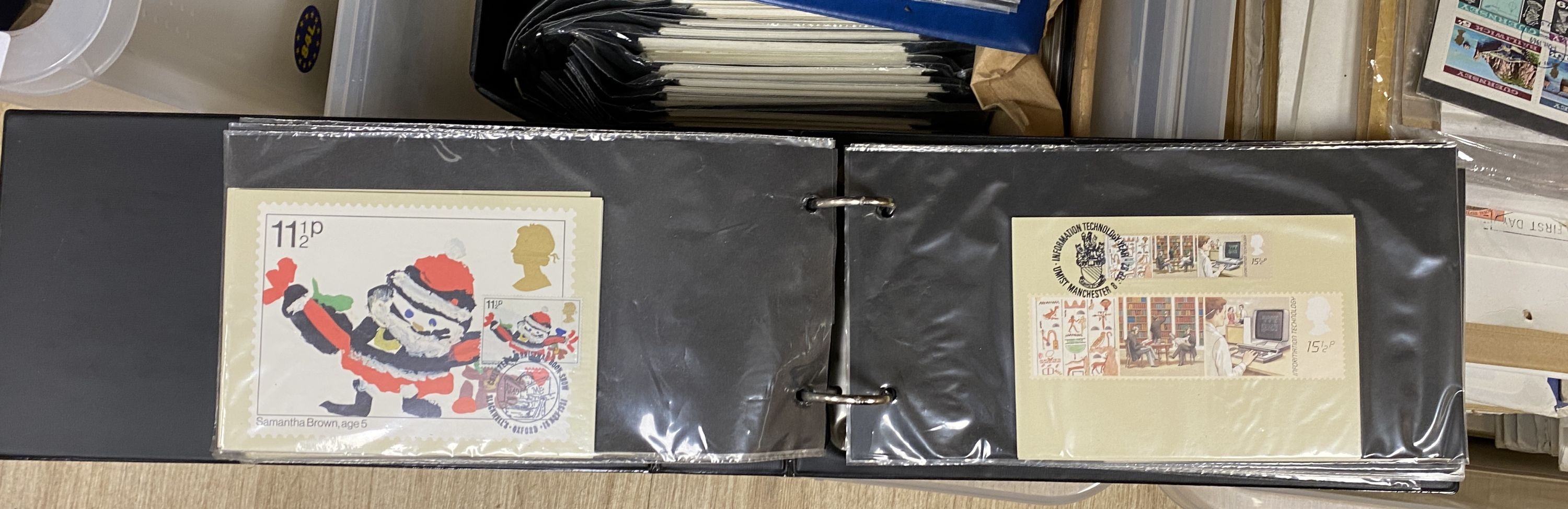 A large stamp collection in six plastic crates and box including Great Britain Channel islands from 1941, Isle of Man, first day covers, new issues in original envelopes plus various world, some in albums